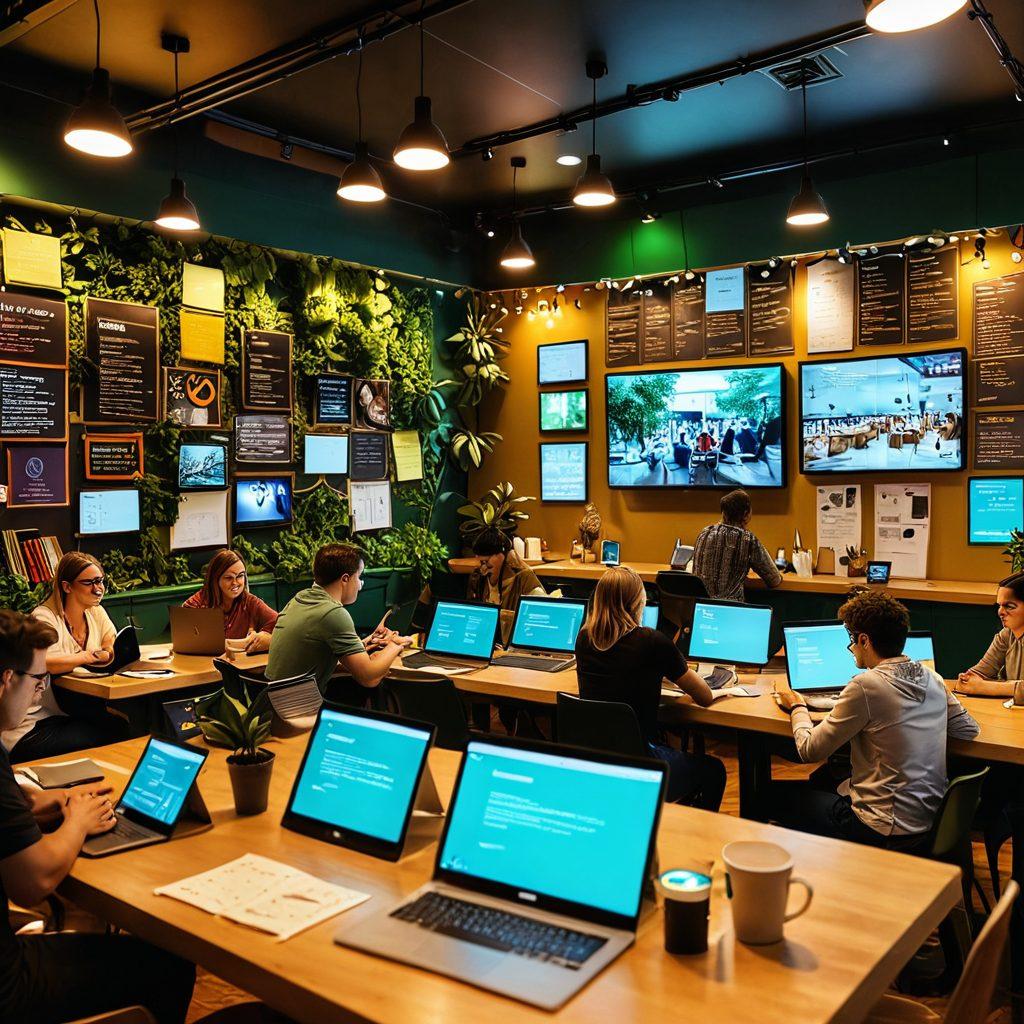 A vibrant scene depicting a diverse group of people engaged in a lively discussion around a large digital display showcasing interactive blog content. Include elements like laptops, tablets, and brainstorming notes, with colorful sticky notes floating around them. The background should suggest a cozy café ambiance with plants and bookshelves. Bright, warm colors with a slight glow to create an inviting atmosphere. super-realistic. vibrant colors. 3D.