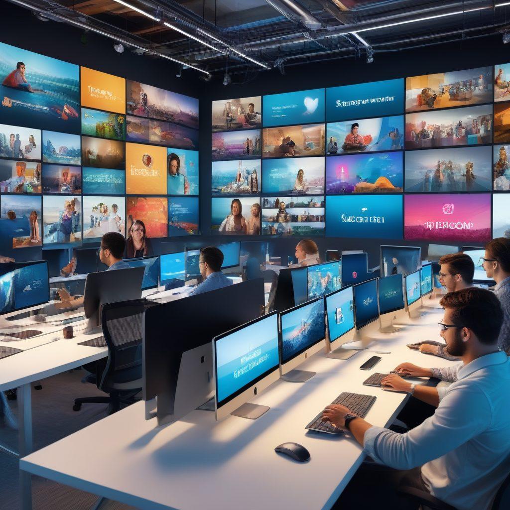 A vibrant and dynamic digital workspace featuring diverse individuals collaborating on content creation, surrounded by screens displaying various content formats such as videos, blogs, and social media posts. The background showcases interconnected platforms symbolizing global reach, creativity, and communication. The atmosphere is energetic, emphasizing teamwork and innovation. super-realistic. vibrant colors. 3D.